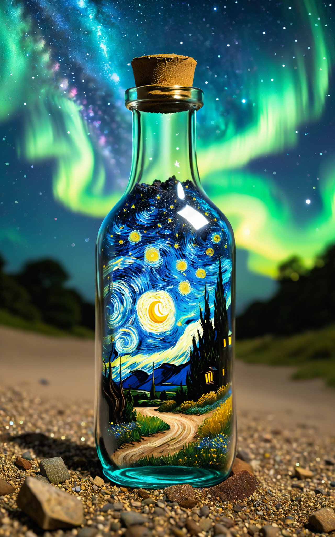 04066-1675079950-Starry sky Van Gogh painting trapped inside a hourglass bottle. Color and starry skies spilling out of the bottle and pooling on.png